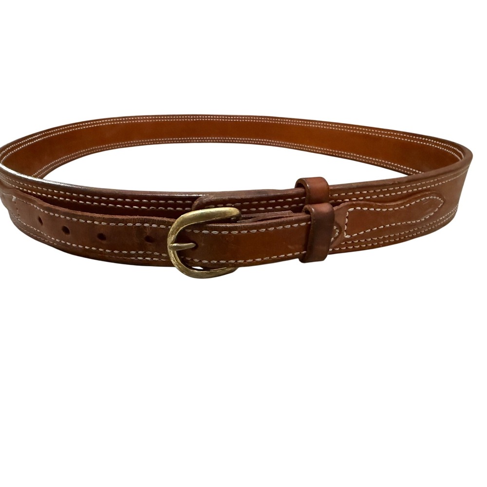 Mens Tan Leather Western‎ Ranger Belt Contrast Stitching Brass Buckle Size 54